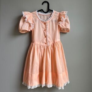 Vintage 1950’s Peach Pink Ruffled Little Girls Party Dress W/ Puff Sleeves Sz 4
